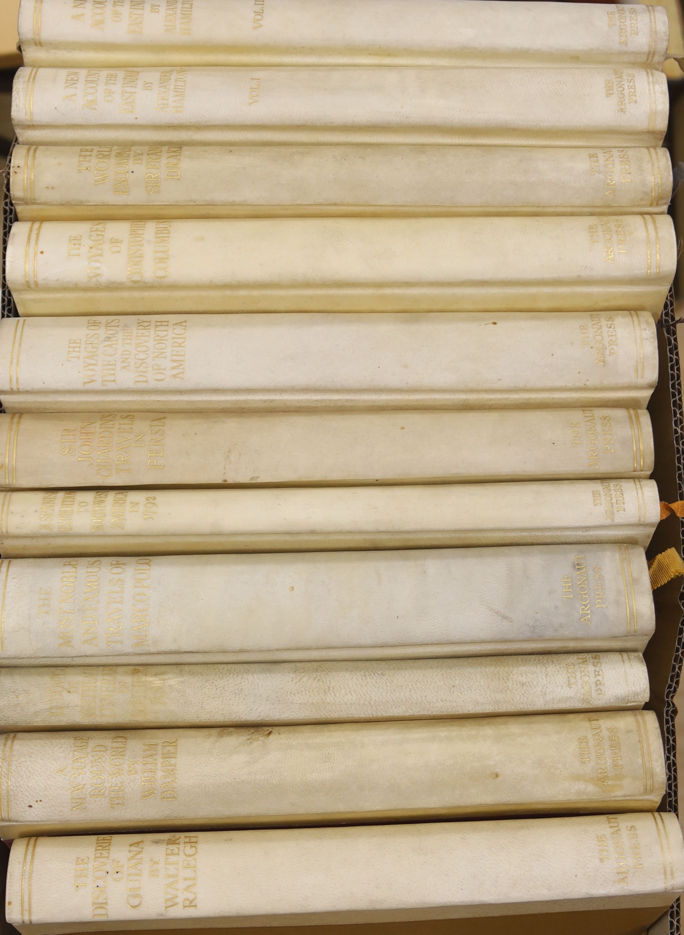 Argonaut Press, 11 vols, vellum bound, including Hamilton, William - A New Account of the East Indies, 1930